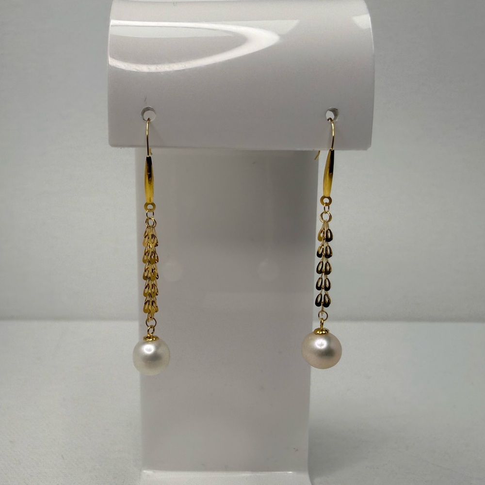 18K Genuine Yellow Gold Pearl Drop Earrings (Preowned)